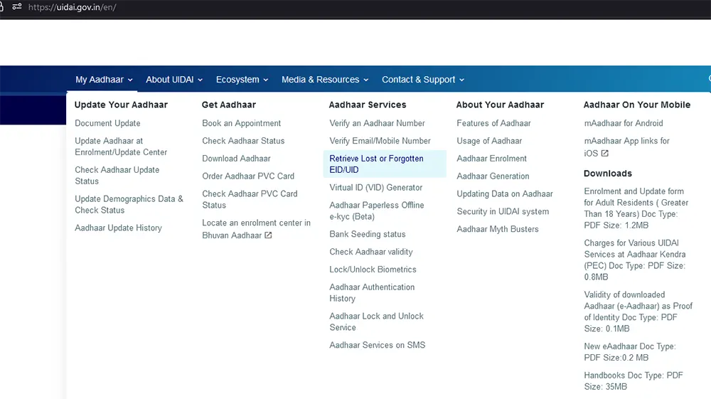 myAadhaar Services Retrieve Lost or Forgotten EID/UID