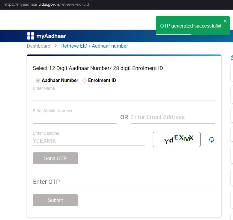 Retrieve EID Aadhaar Number OTP Generated 