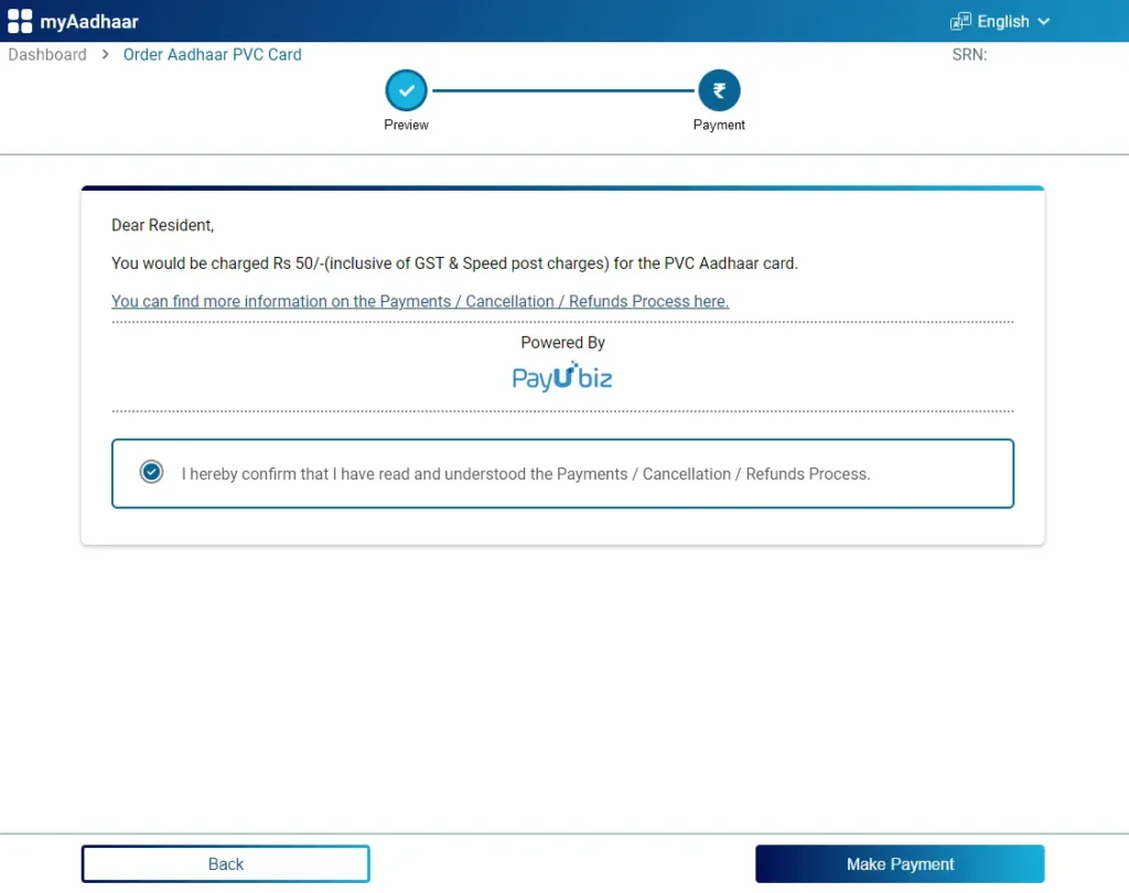 Order Aadhaar PVC Make Payment