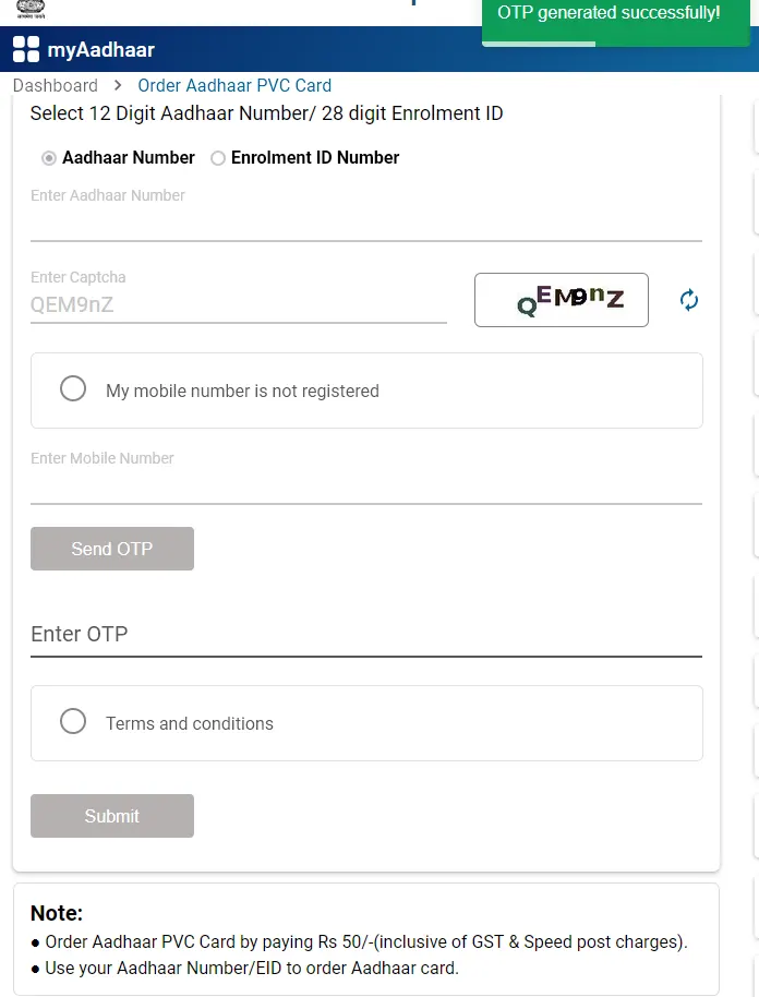 OTP Generated for PVC Aadhaar