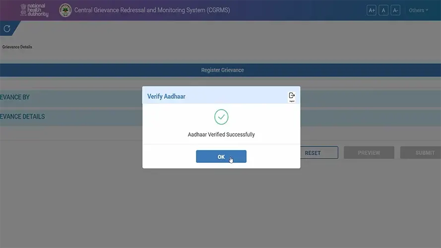 CGRMS Aadhaar Verified Successfully